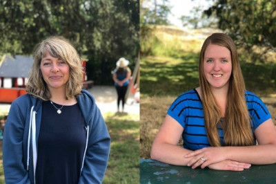 Morgan Myers (left) and Morgan Adams (right) on the grounds near Fairfield Community Place in Victoria, BC.