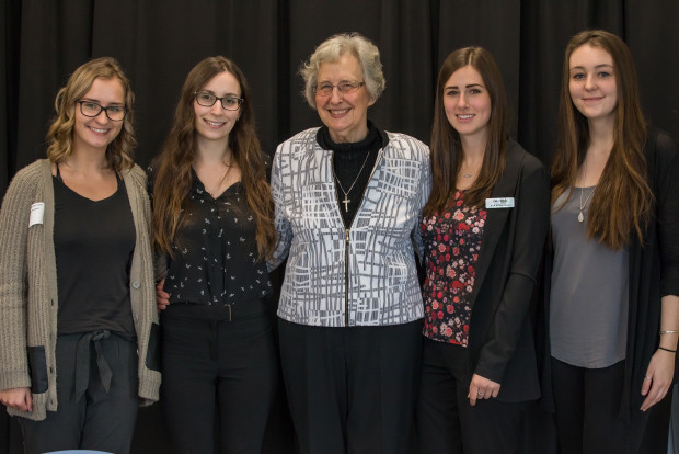 Sister Marie Zaworny of the Sisters of St Ann with Camosun nursing students.