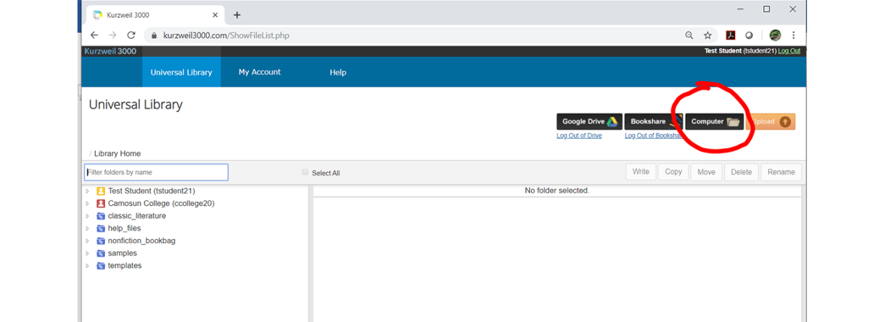 step 2 of logging in an using Kurzweil 3000