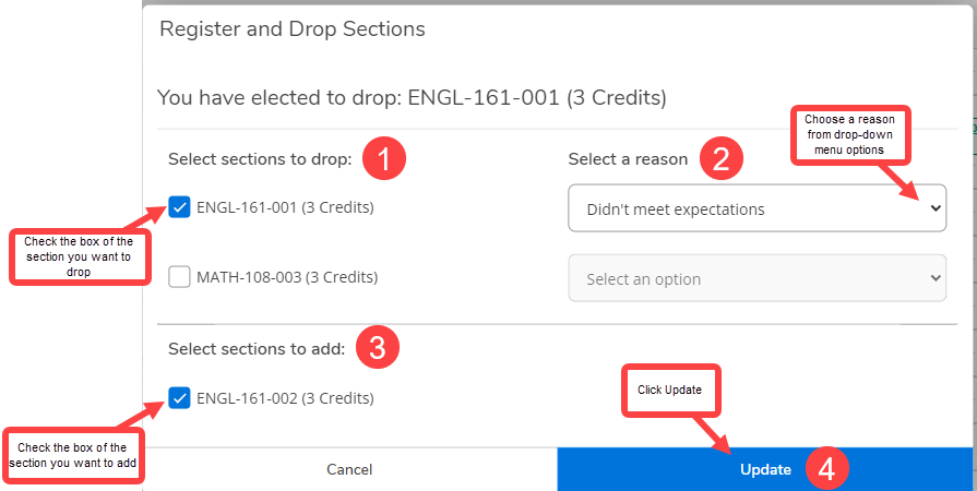 Register & Drop Sections Pop Up Box