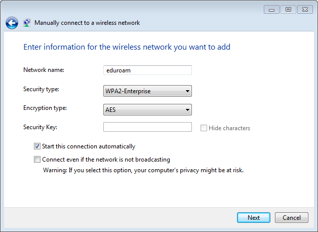 Manually connect to a wireless network dialogue box screenshot