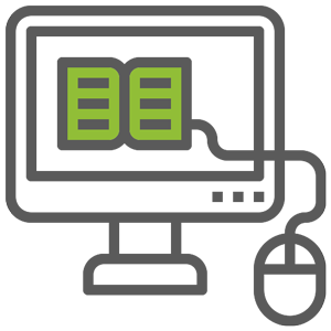 A minimalist line drawing of a computer shoeing a textbook on the screen.