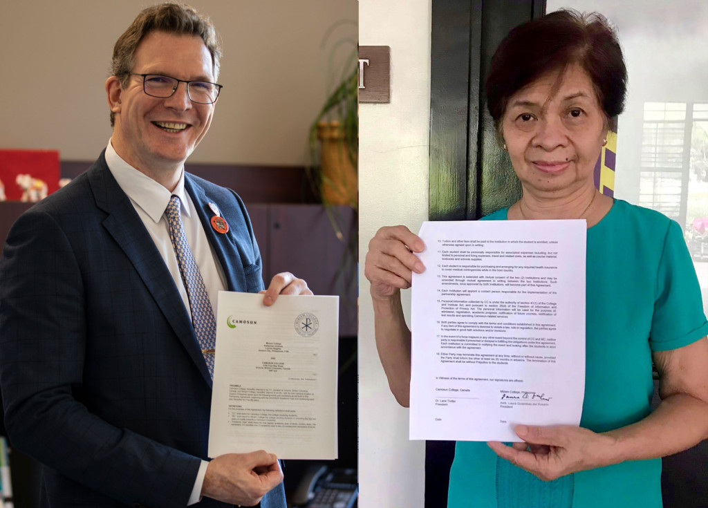 Two photos side by side of Camosun President Lane Trotter  and Miriam President Laura Rosario. Both presidents are holding up a document showing details of the partnership agreement.