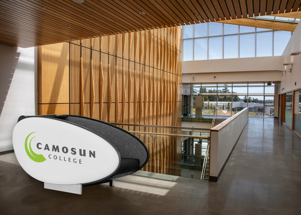 A sleep pod branded Camosun College is located in the Alex & Jo Campbell Centre for Health and wellness.