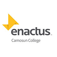 grey text logo with yellow triangle graphic of Enactus, a student group on campus