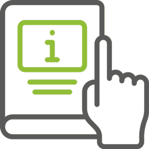 A graphic representation of a hand pointing at a book with an "i" for information on the cover.