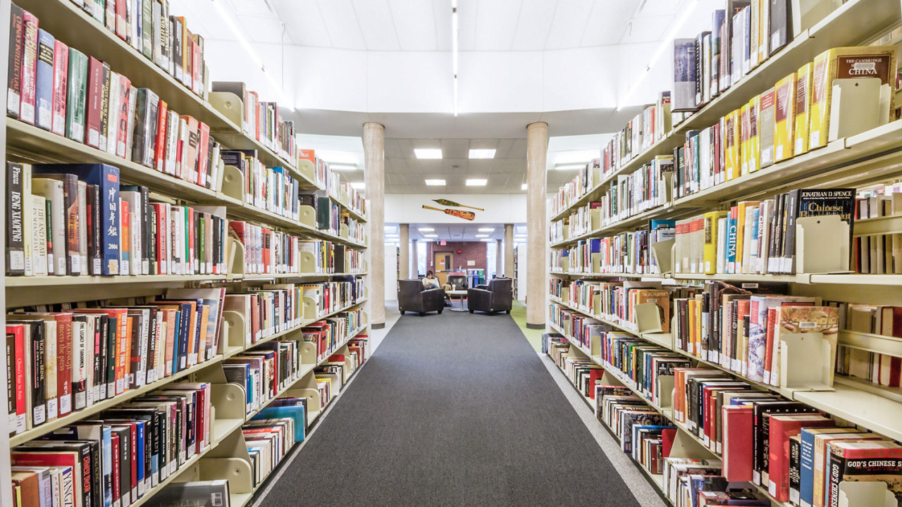 view down a row of shelves at the Lansdowne Library 