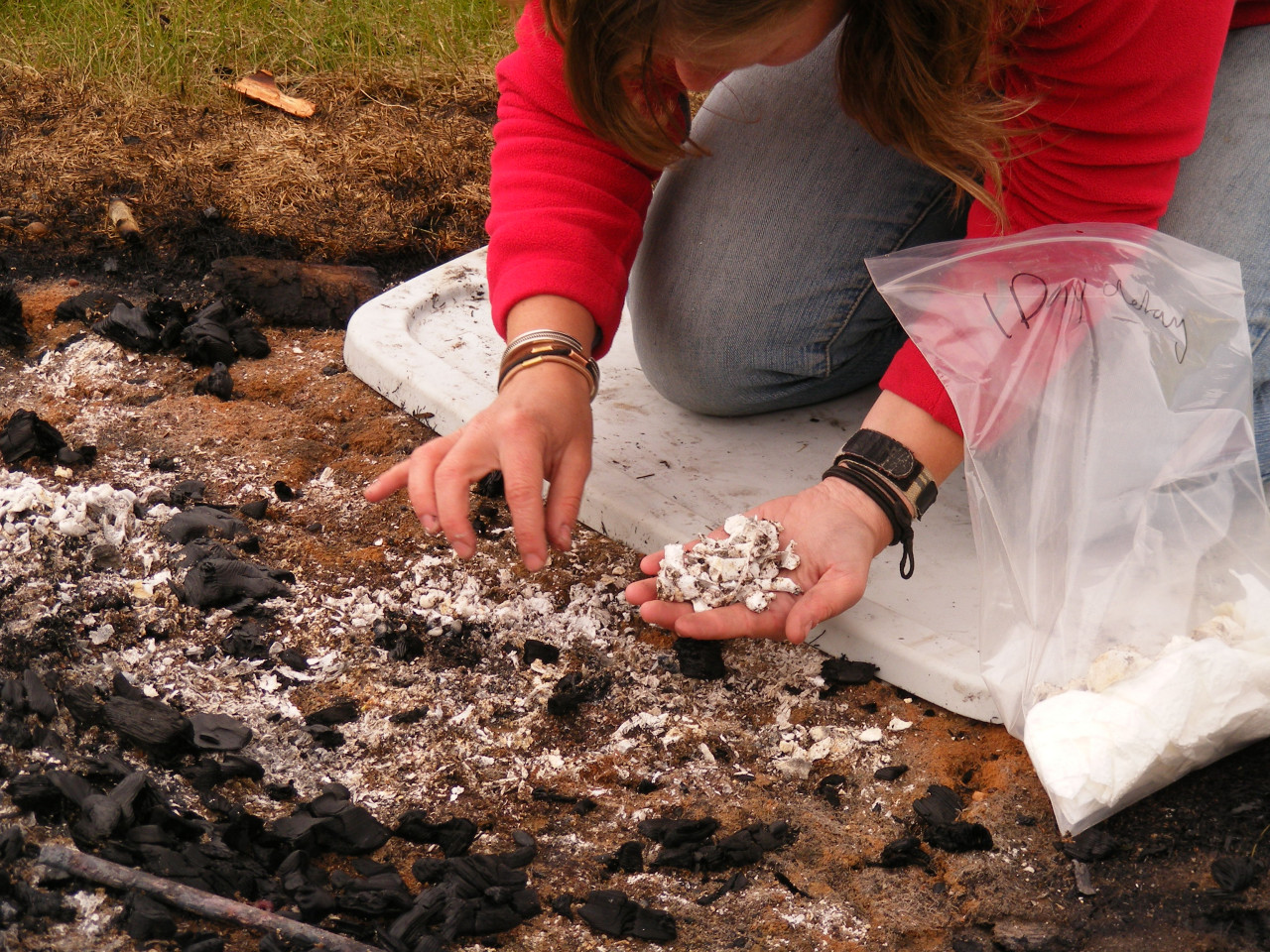 Student finding bone fragments in burn pile