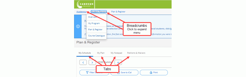 •	Breadcrumbs show where you are within a category and can be used to navigate to other pages. •	Tabs provide more options on a page. 