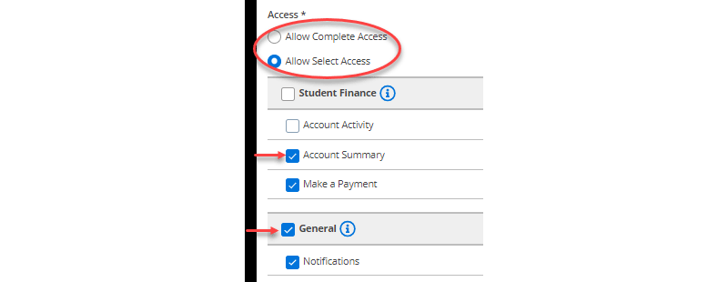 Click the "Allow Complete Access"  button to auto-select all categories or click the "Allow Select Access" button to de-select categories individually.