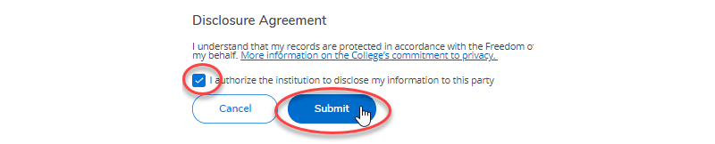 Review the Disclosure Agreement. Checking the box to authorize disclosure and clicking "Submit" will add the new proxy.