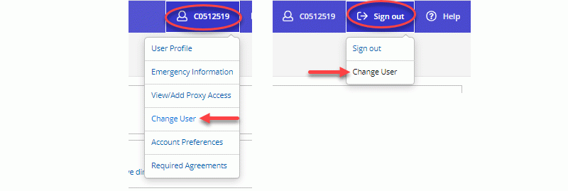 Click "Change User" in  either the User Options or Sign Out Menus
