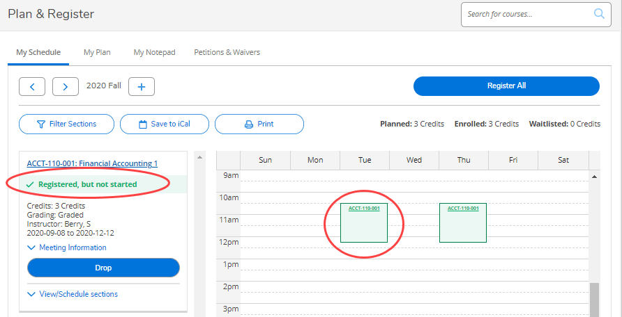 • If you registered successfully, a green confirmation displays in the sidebar and the course displays green in the calendar.