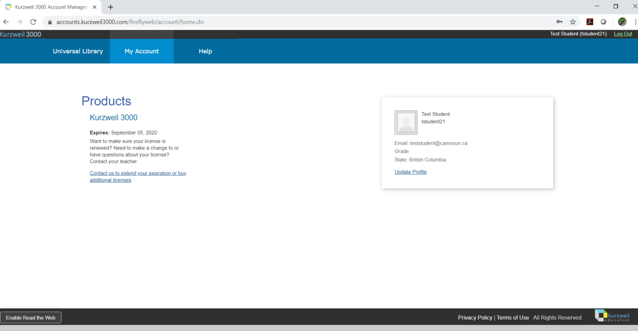 step 3 of Kurzweil 3000 registration showing sample user account info