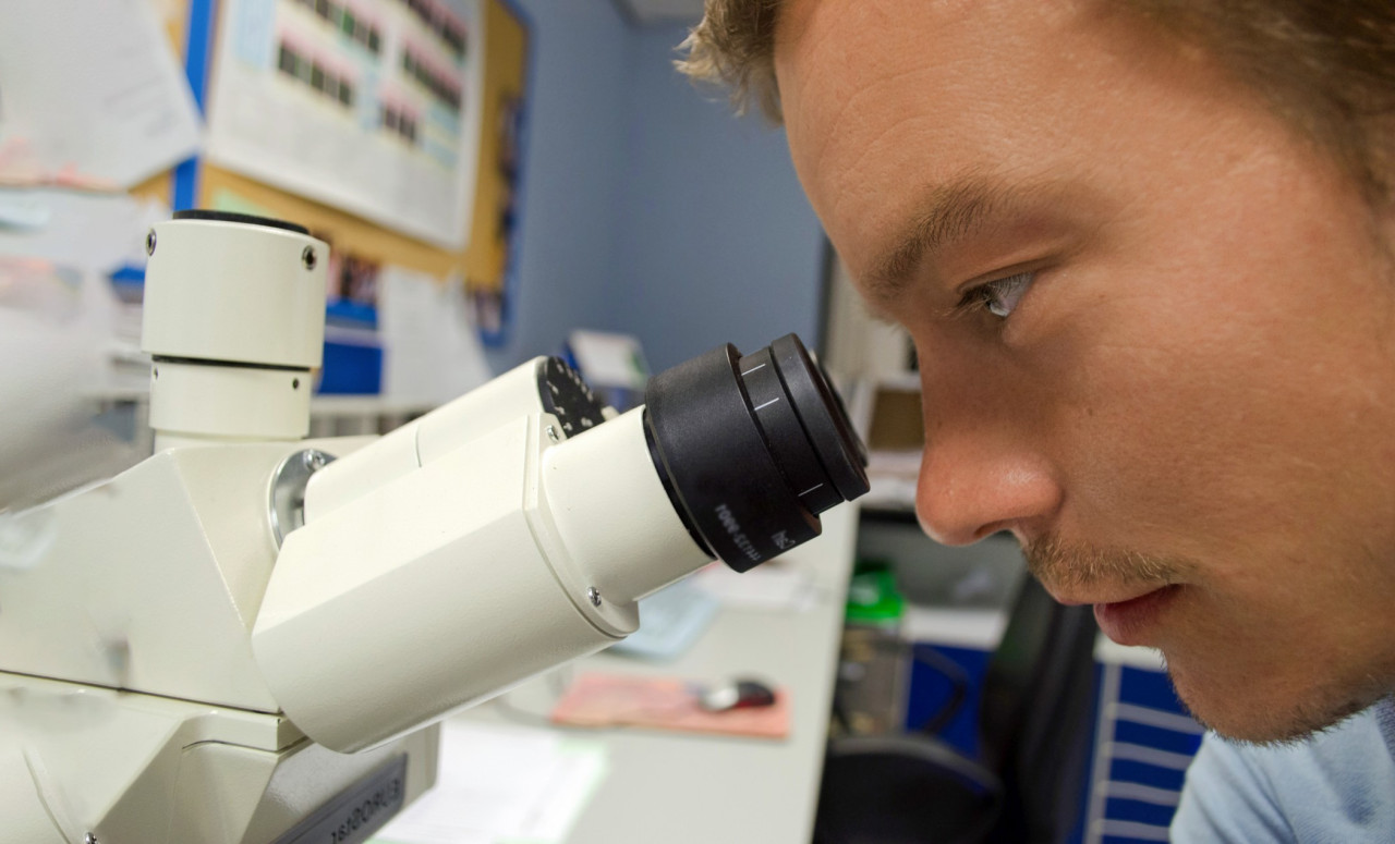 student looking in microscope