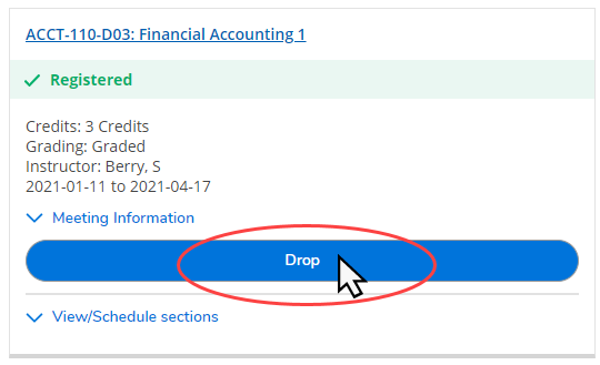 Identify the course you want to drop and click the drop button