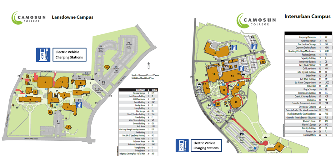 A map of parking lots with electric vehicle charging stations