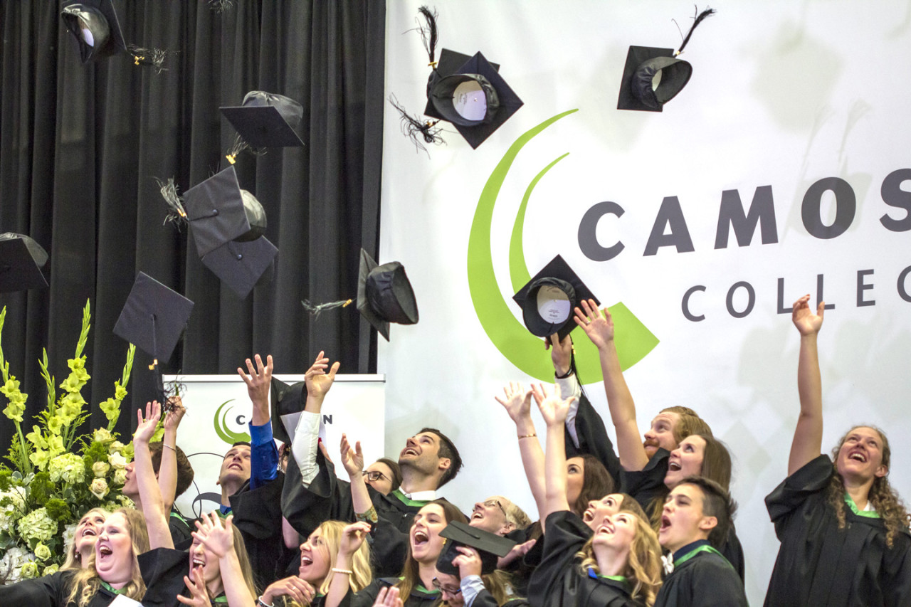 Students throwing their grad caps in the air