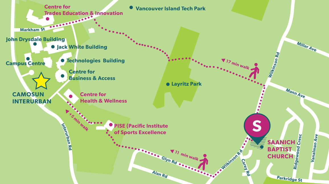 Map showing the routes to Camosun College from the Saanich Baptist Church.