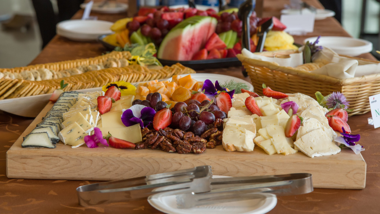 Cafeteria catering platter of fruits and cheese