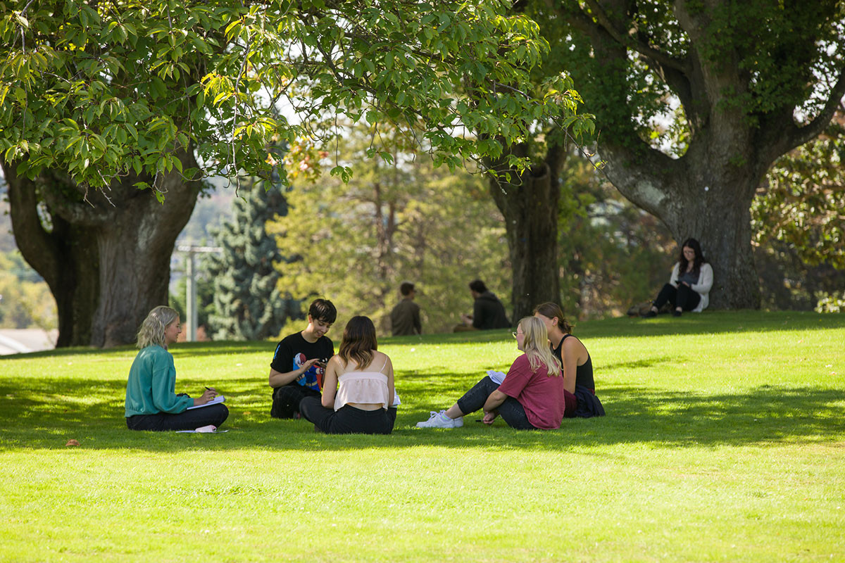 Students sitting on the lawn in front of the Young Building