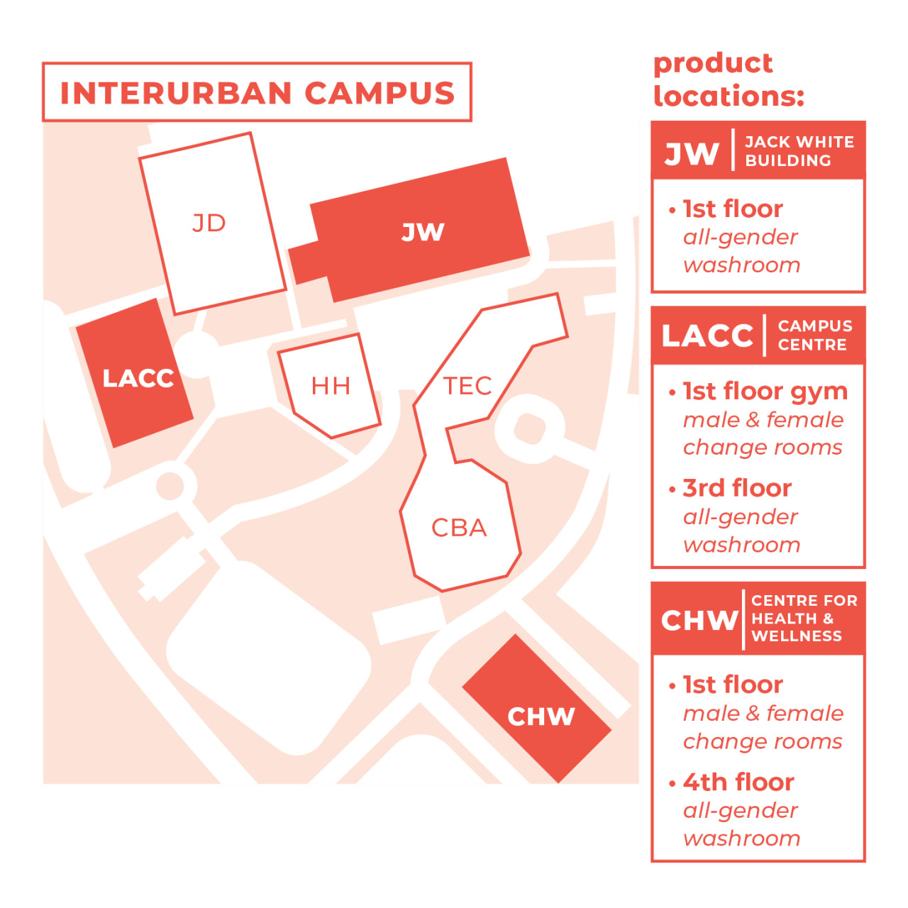 Map showing locations for free menstrual products on Interurban campus