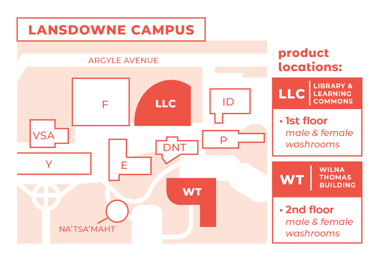 Map showing locations for free menstrual products on Lansdowne campus