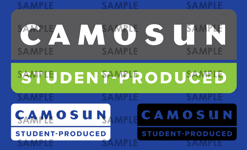 a visualization of the appropriate  whitespace around the Camosun student-produced logo 