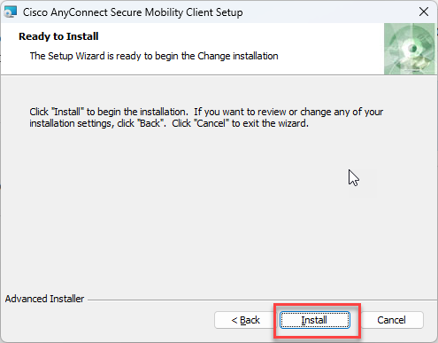 VPN Cisco install screen, click install button