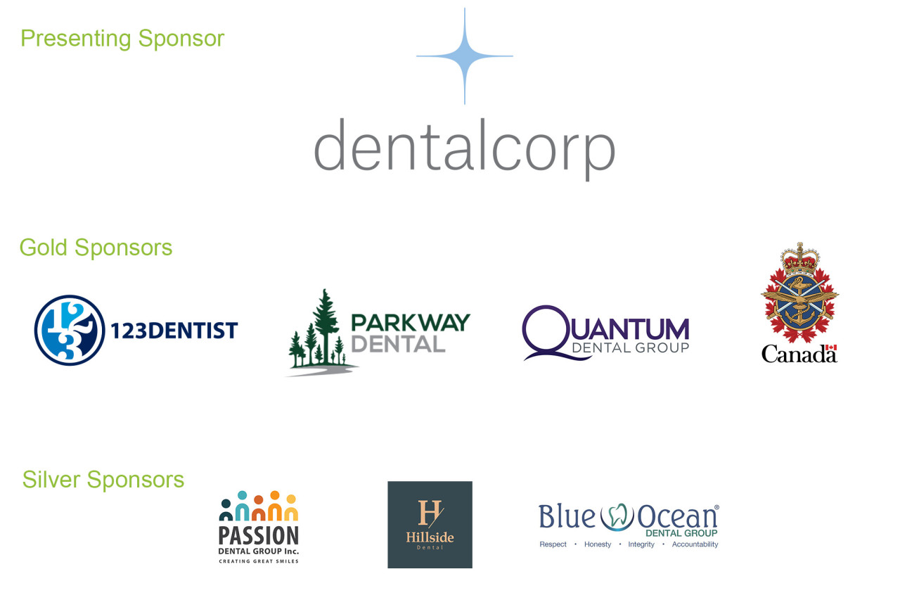 Sponsor Logos: Presenting sponsor, dentalcorp; gold sponsors, 123Dentist, Parkway Dental and Quantum Dental Group; silver sponsors, Passion Dental Group and Hillside Dental