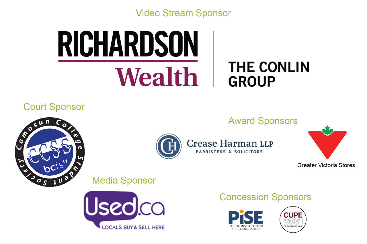 Sponsor logos for men's volleyball national championships: Video Stream Sponsor, Richardson Wealth - The Conlin Group;  Award Sponsors, Crease Harman LLP and Canadian Tire Greater Victoria Stores; Concession Sponsor, PISE - Pacific Institute for Sport Education