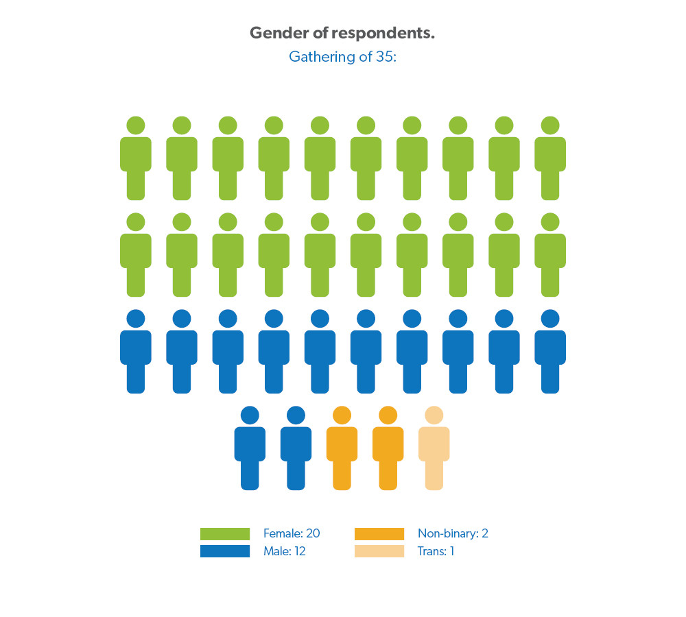 Gender of Respondents (gathering of 35): 20 Female, 12 Male, 2 Non-binary, 1 Trans.