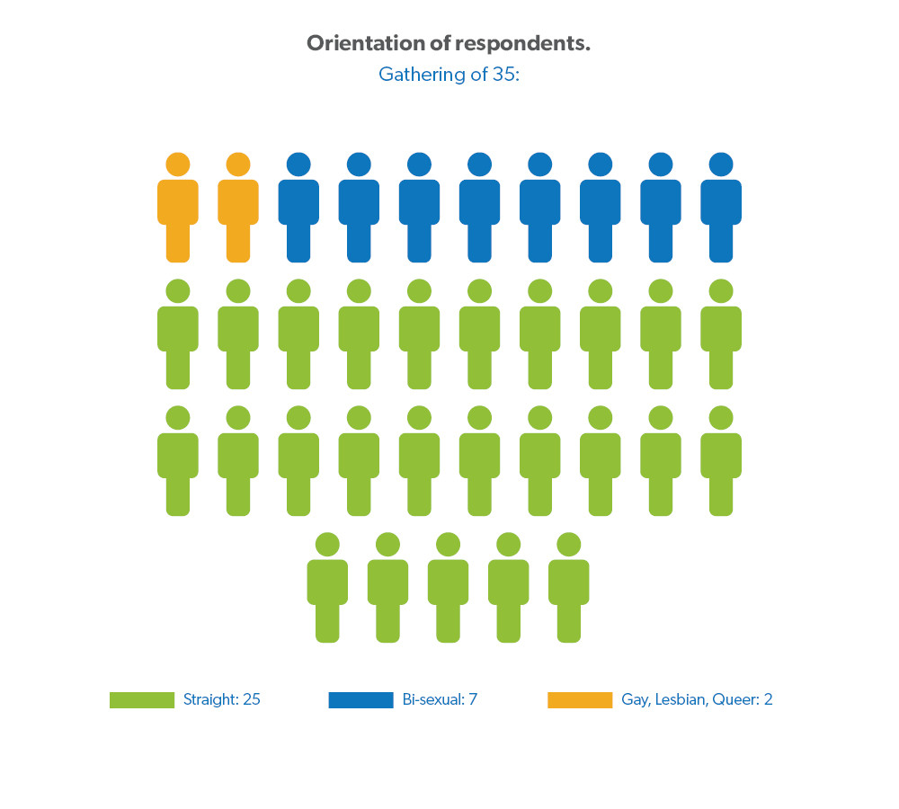 Orientation of Respondents (gathering of 35): 25 straight, 7 bisexual, 2 gay/lesbian/queer.