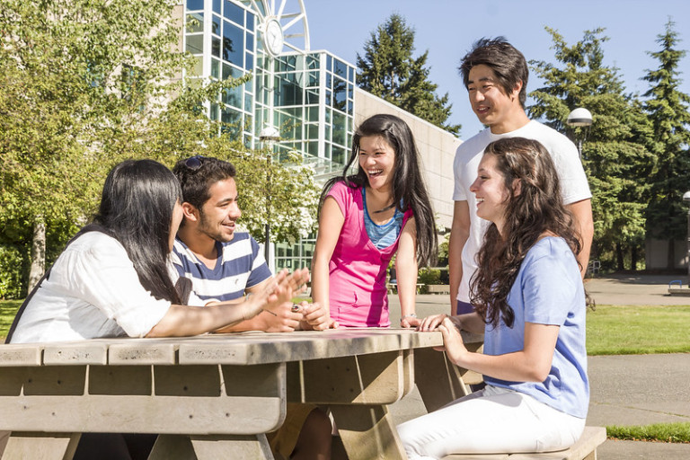 students outside at picnic table
