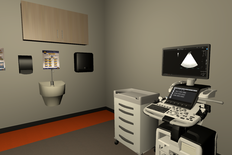 A virtual room containing a sanitization station and a sonography machine.