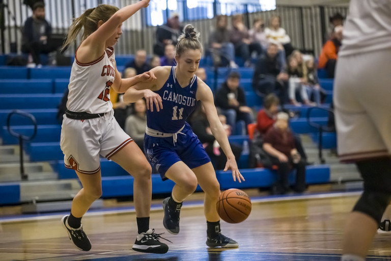A camosun charger dribbles around a defender