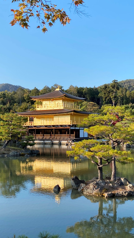 small lake with a golden temple in the background