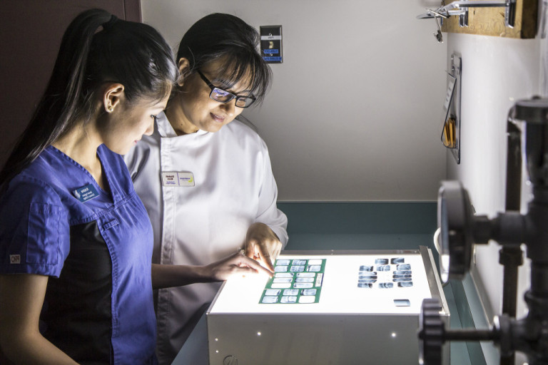 A dental instructor and student examine a lightbox of dental x-rays.