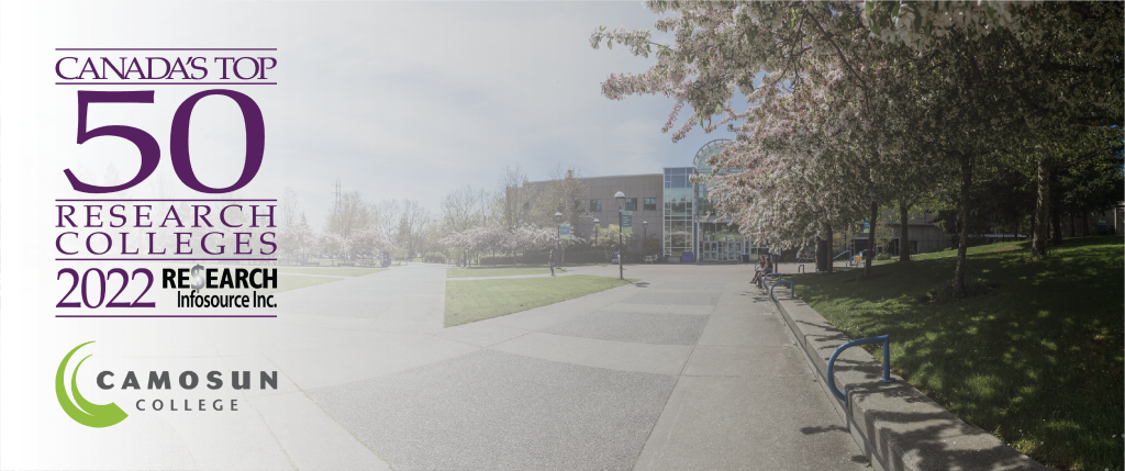 Top research college logo on image of Camosun campus.