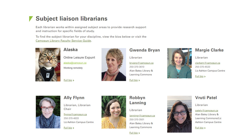 Screen shot of subject liaisoon librarians including a cat called Alaska with the title 'Online Leisure Expurrrt' who working remotely.