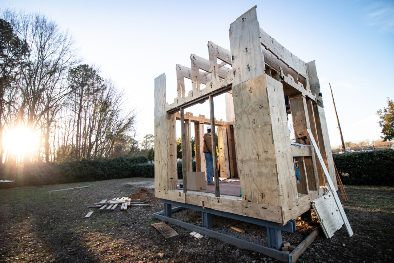 Prototype house using new Sim[PLY] building system--a patented technology that allows a home to be built without the use of power tools or nails.