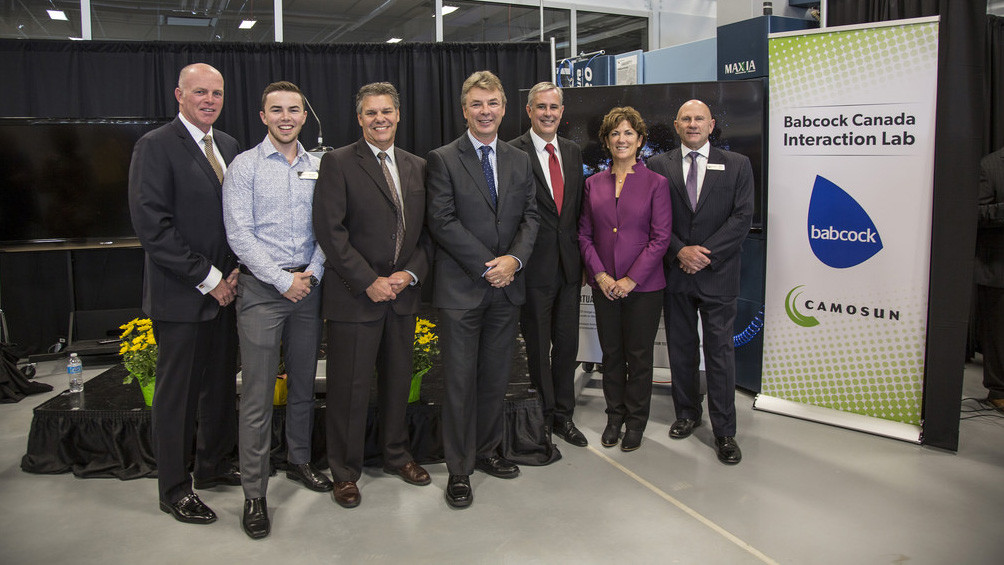 L-R: Mike Corrigan (former TRADEmark Campaign Cabinet Member); Ben Kostin (Student, Camosun College); Tim Walzak (Director, Camosun Innovates); Mike Whalley (President, Babcock Canada); Geoff Wilmshurst (VP Partnerships, Camosun College); Sherri Bell (President, Camosun College); Russ Lazaruk (Chair, Camosun College Board of Govenors)