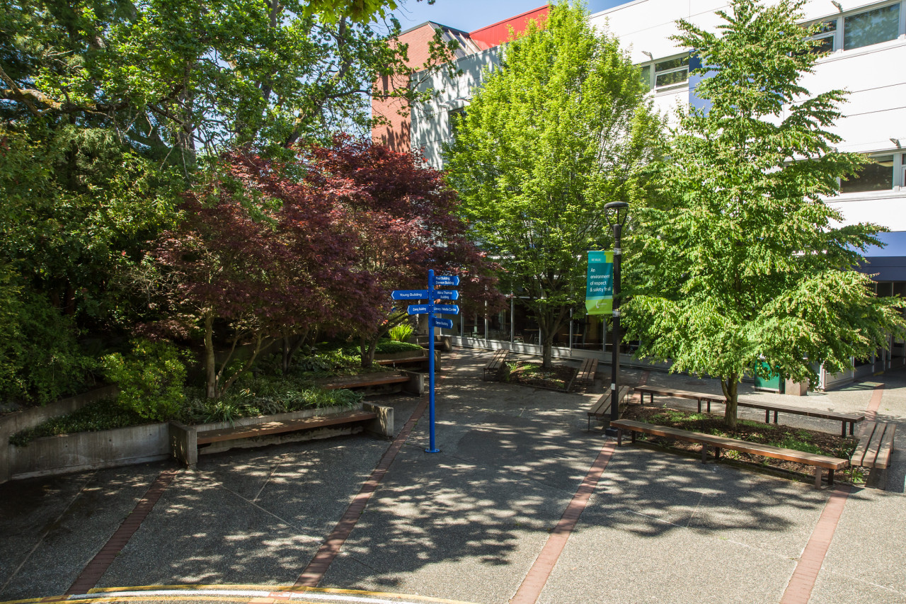 Trees, benches and signs at Lansdowne campus