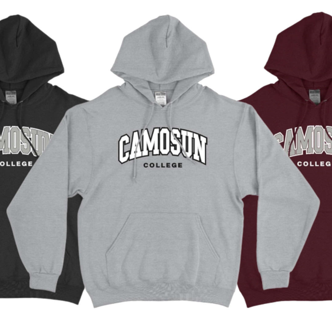 Dark grey, medium grey and maroon coloured hoodies with the words Camosun College stitched on the front.
