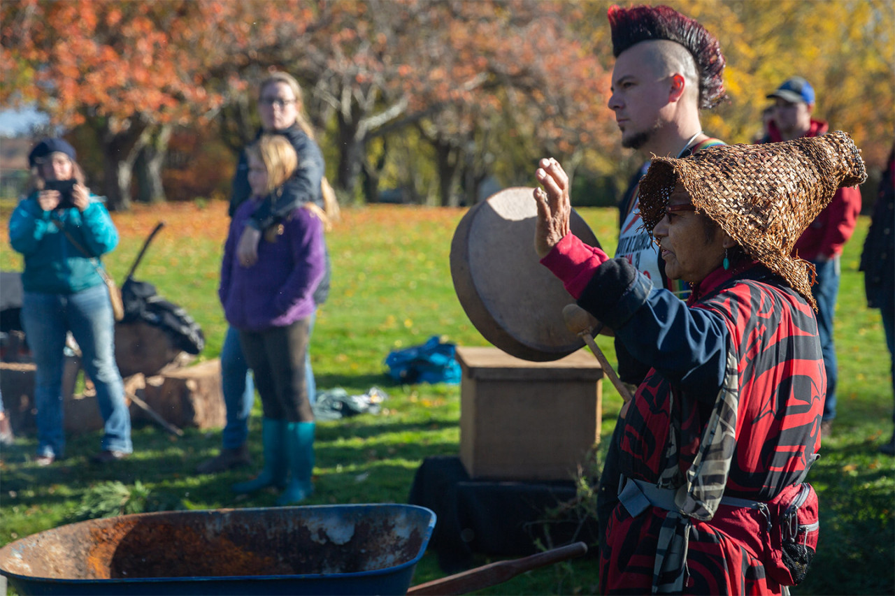 Indigenous camas pit cook event with old one in traditional clothing