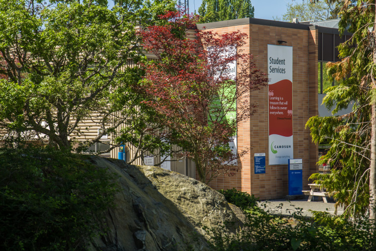 Building with large sign on the side and trees